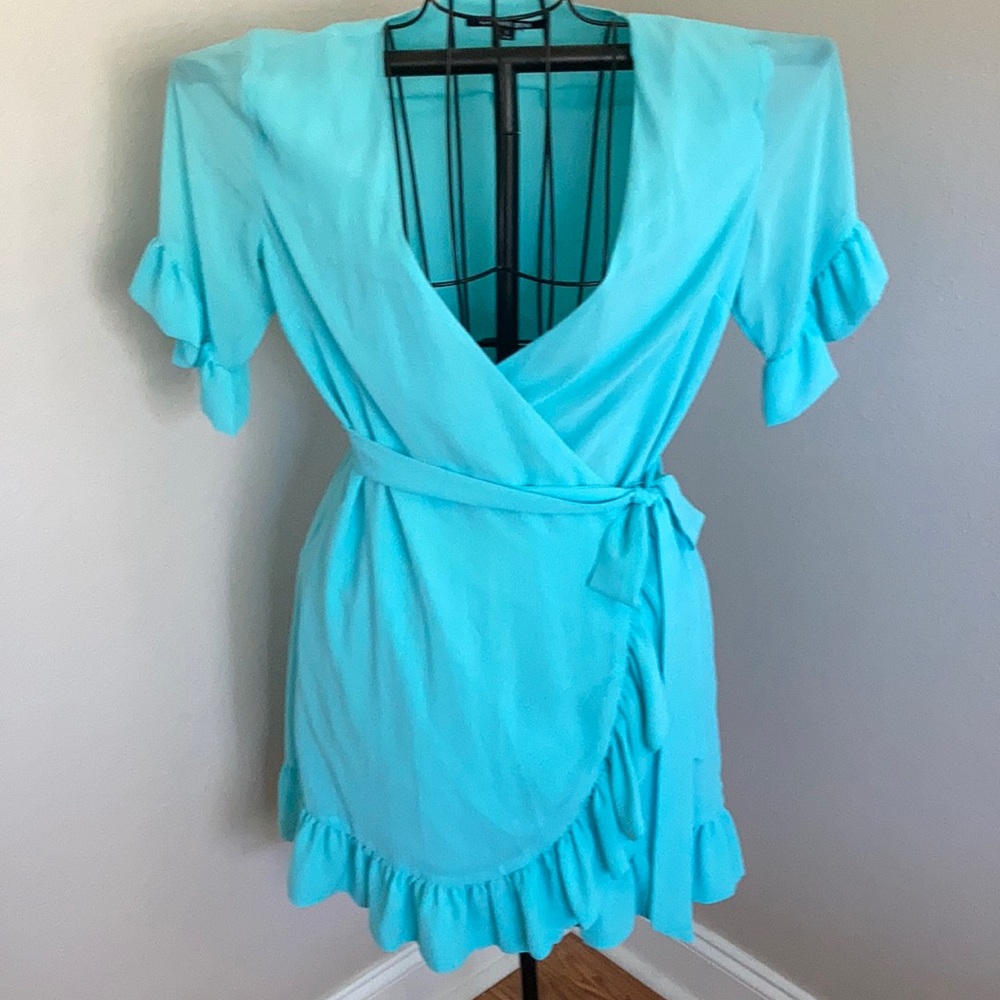 Aqua colored Wrap dress with ruffles